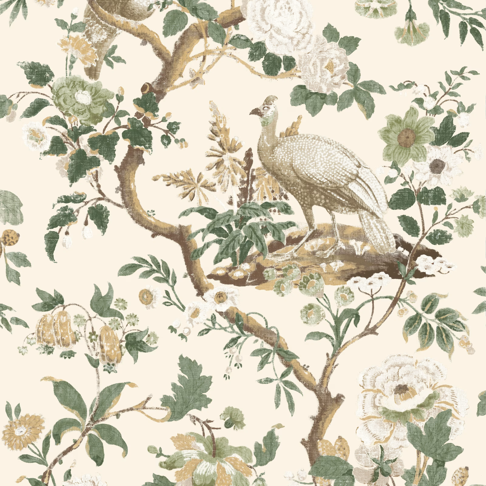 Cream wallpaper with sage bird, twisting brown branches and pale flowering sprays