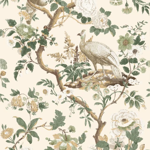 Cream wallpaper with sage bird, twisting brown branches and pale flowering sprays