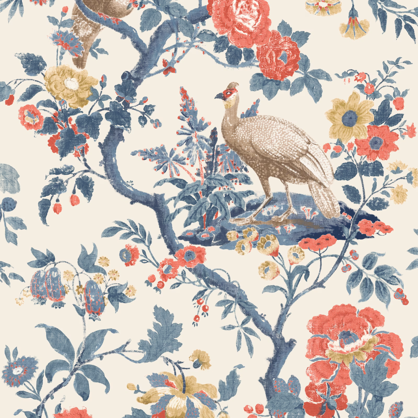 Cream wallpaper with indigo branches, red roses, colourful flowers and a central bird