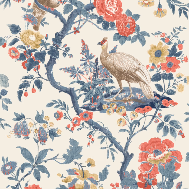 Cream wallpaper with indigo branches, red roses, colourful flowers and a central bird