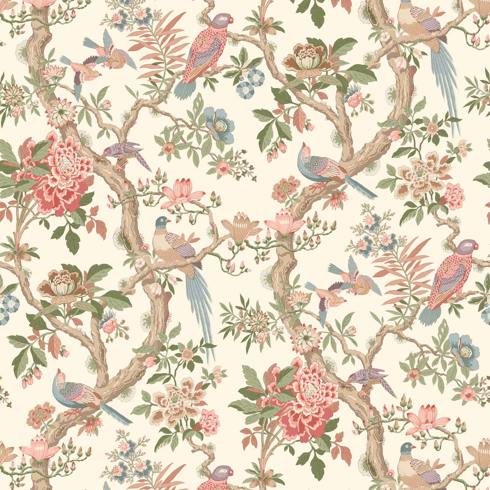 Antique cream wallpaper with coral blossoms, trailing branches, and painted blue birds