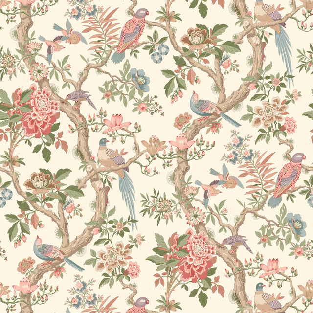 Antique cream wallpaper with coral blossoms, trailing branches, and painted blue birds