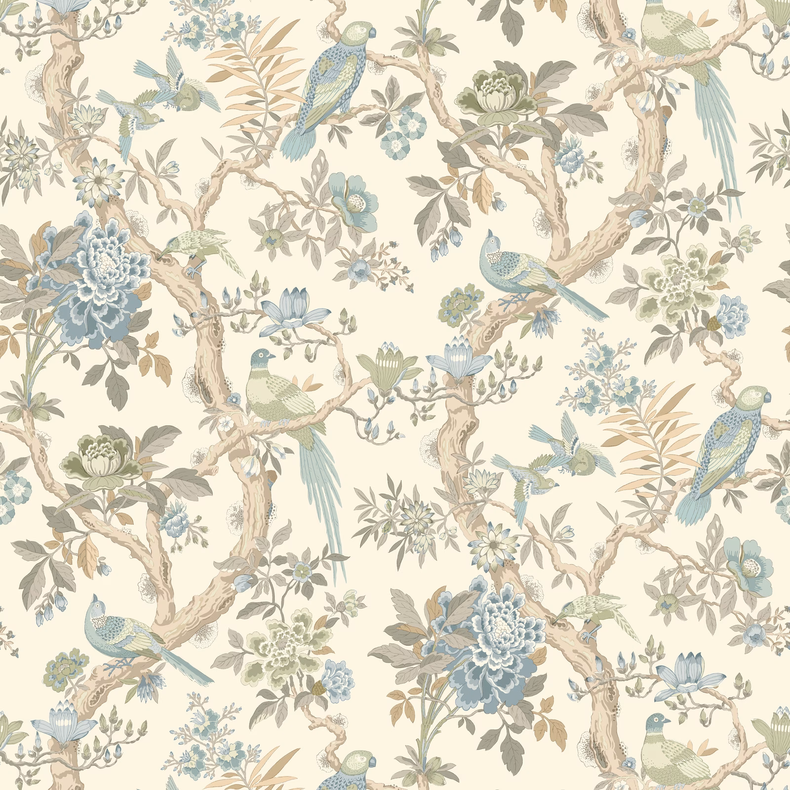Cream wallpaper with aqua birds, flowering branches and sage botanical details