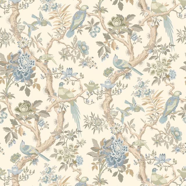 Cream wallpaper with aqua birds, flowering branches and sage botanical details