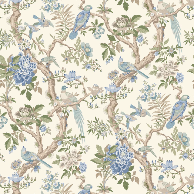 Cream wallpaper with blue birds, flowering branches, green leaves and twisting tree trunks