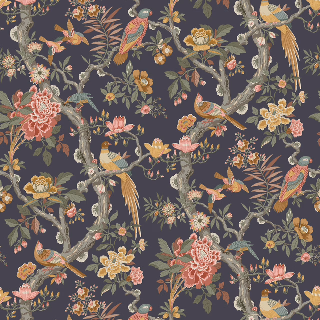 Charcoal wallpaper with jewel-toned birds, flowering branches and twisting pale trunks