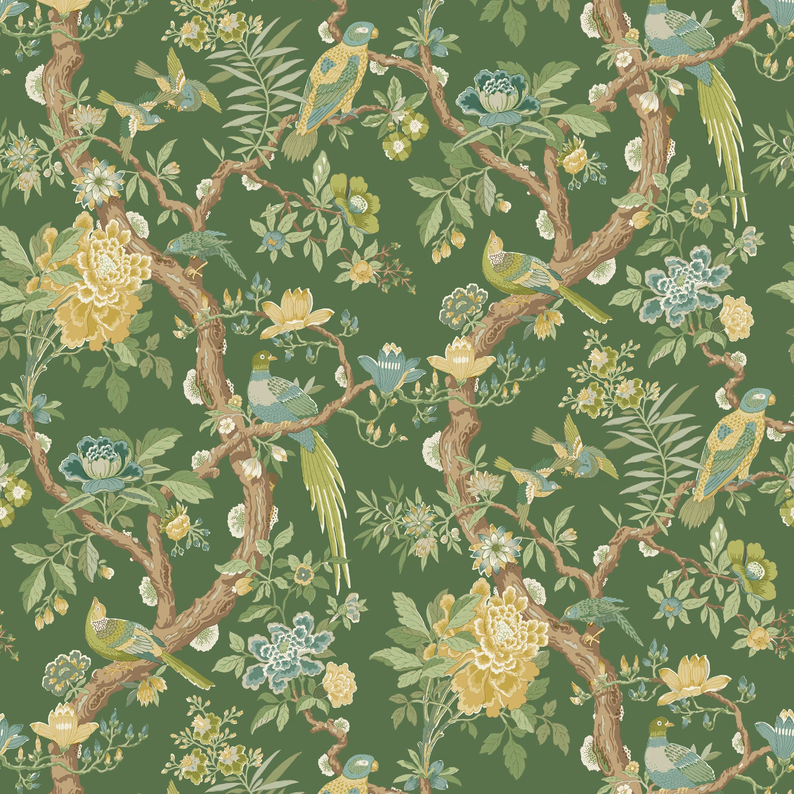 Emerald green wallpaper with birds, flowering branches, leaves and pale yellow blooms