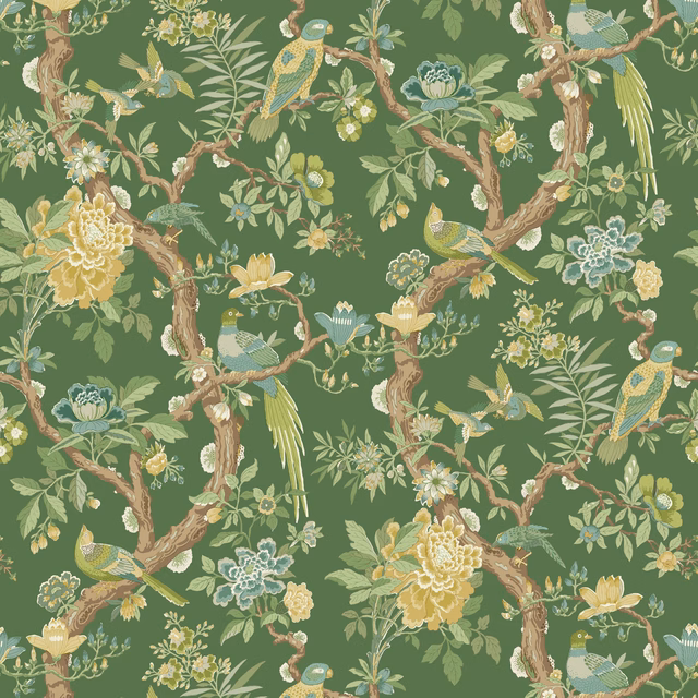 Emerald green wallpaper with birds, flowering branches, leaves and pale yellow blooms