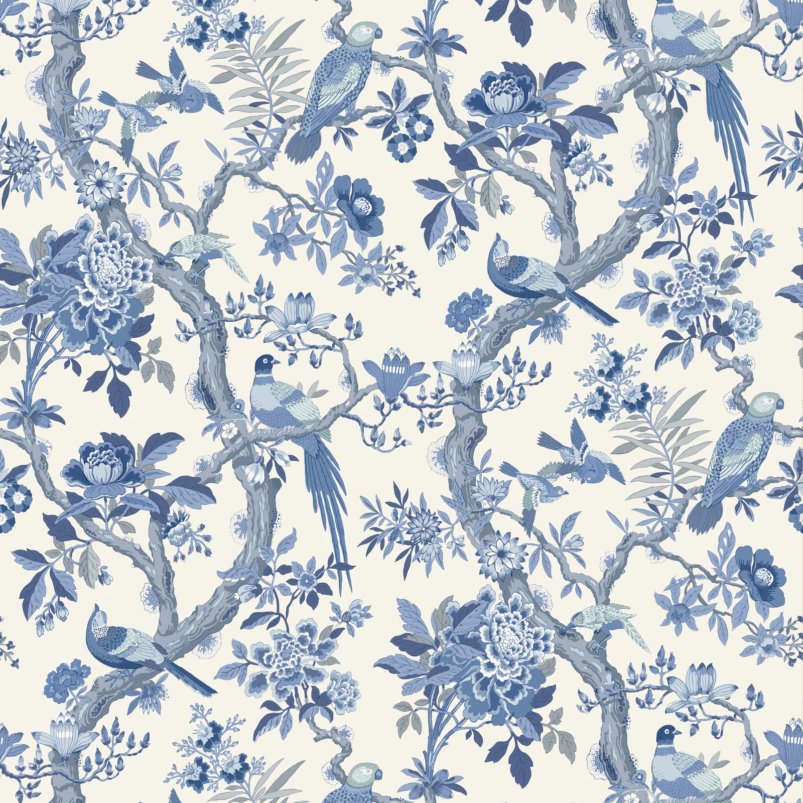 Indigo and blue-grey birds among flowering branches on a pale cream wallpaper ground