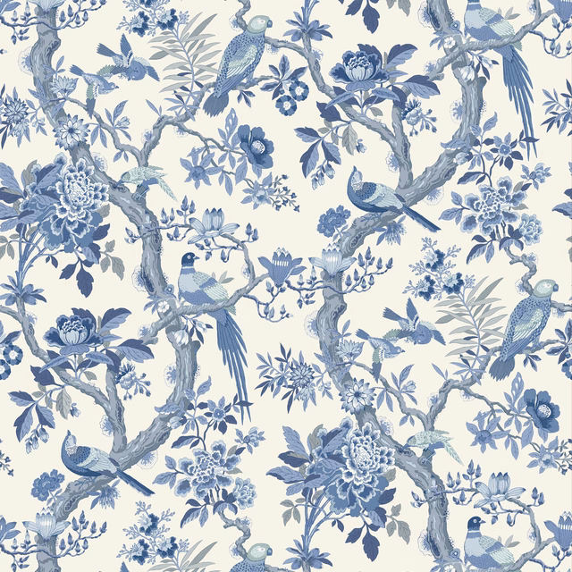 Indigo and blue-grey birds among flowering branches on a pale cream wallpaper ground