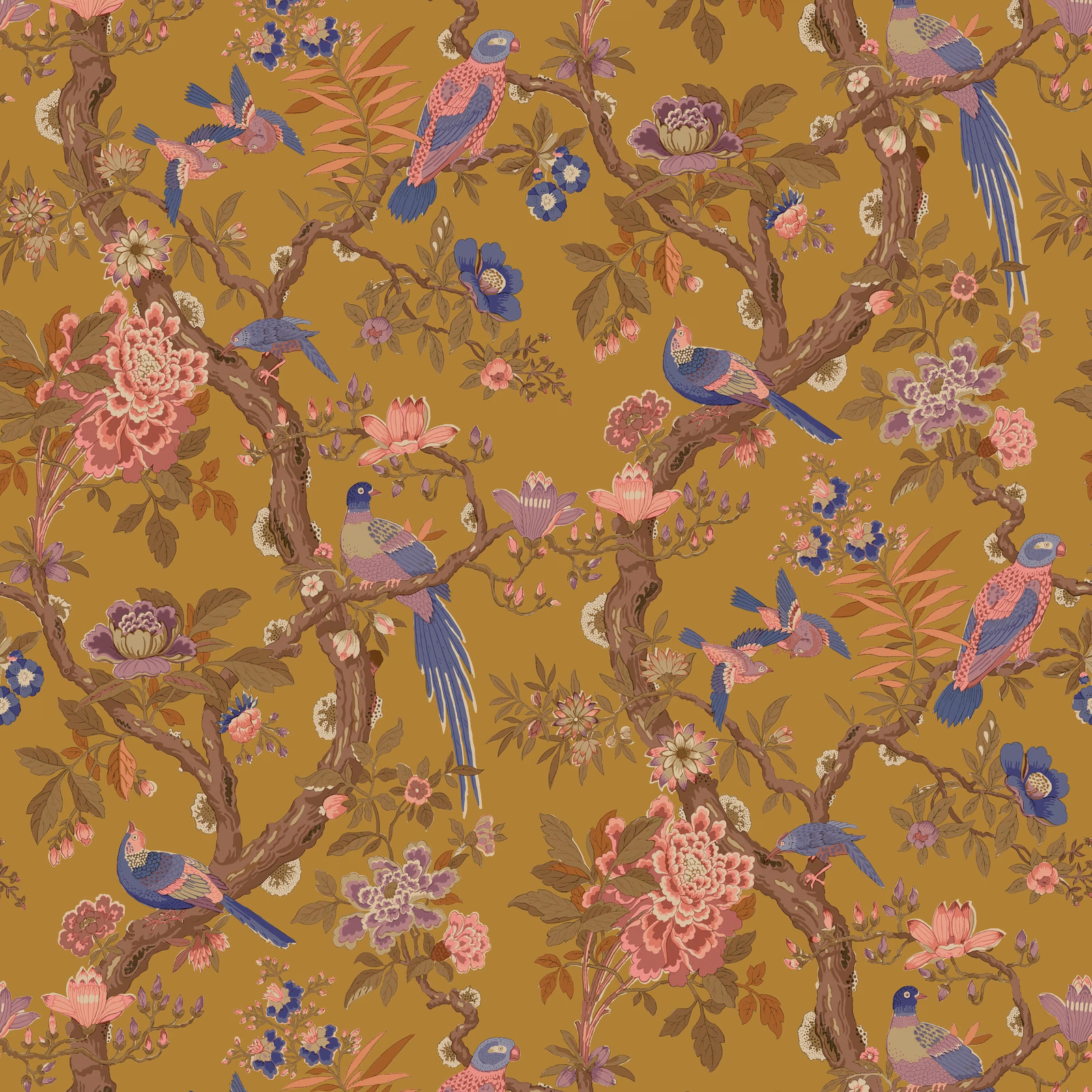 Ochre wallpaper with blue and pink birds, flowering branches and woodland foliage