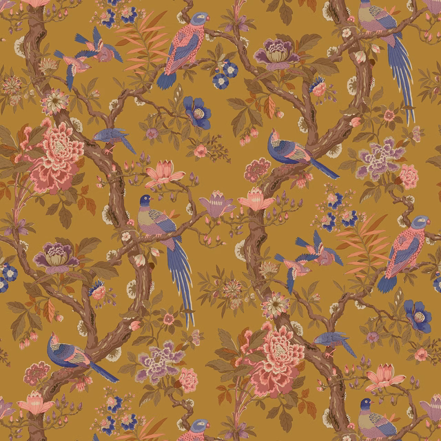 Ochre wallpaper with blue and pink birds, flowering branches and woodland foliage