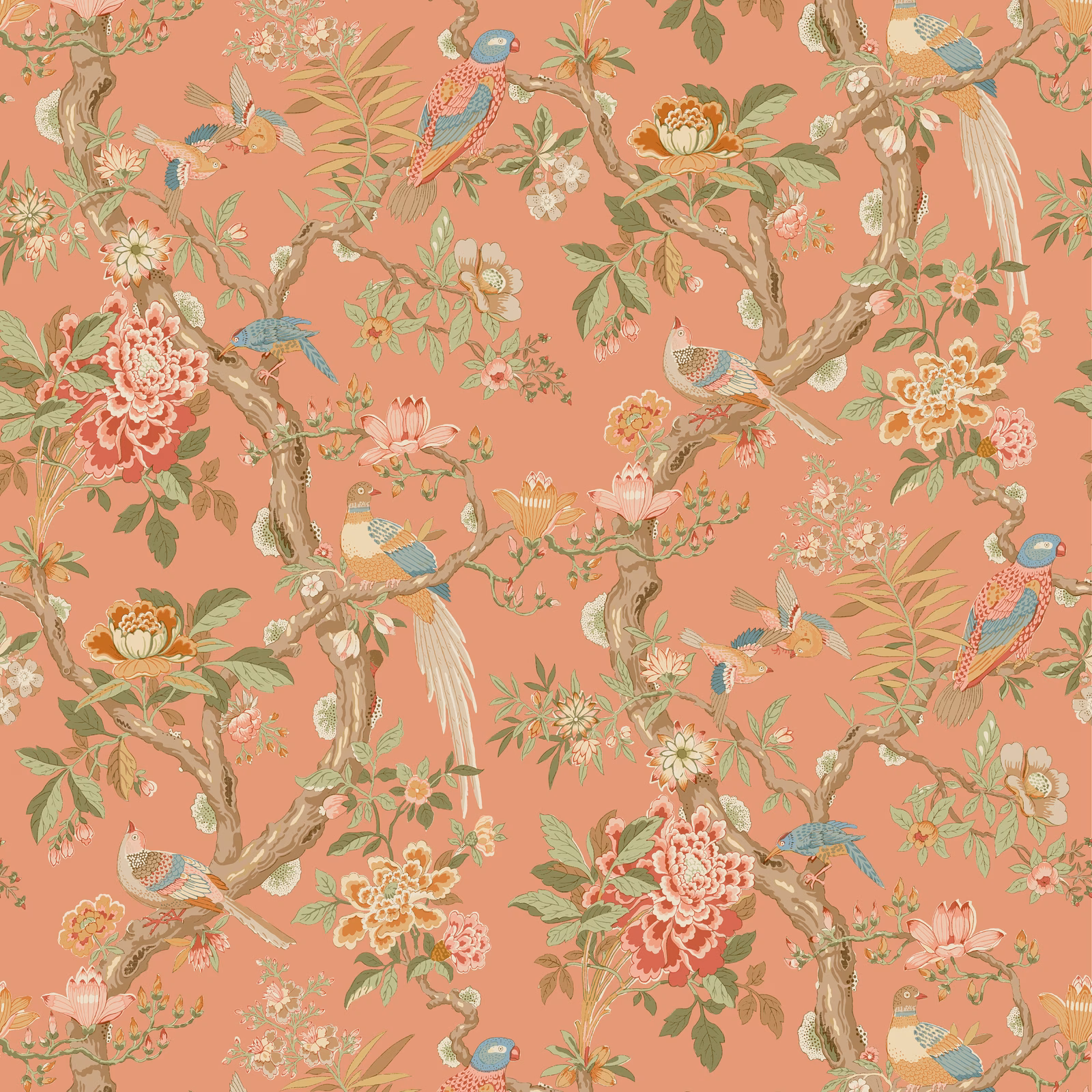 Warm coral wallpaper with perched birds, twisting branches and layered flowering blooms