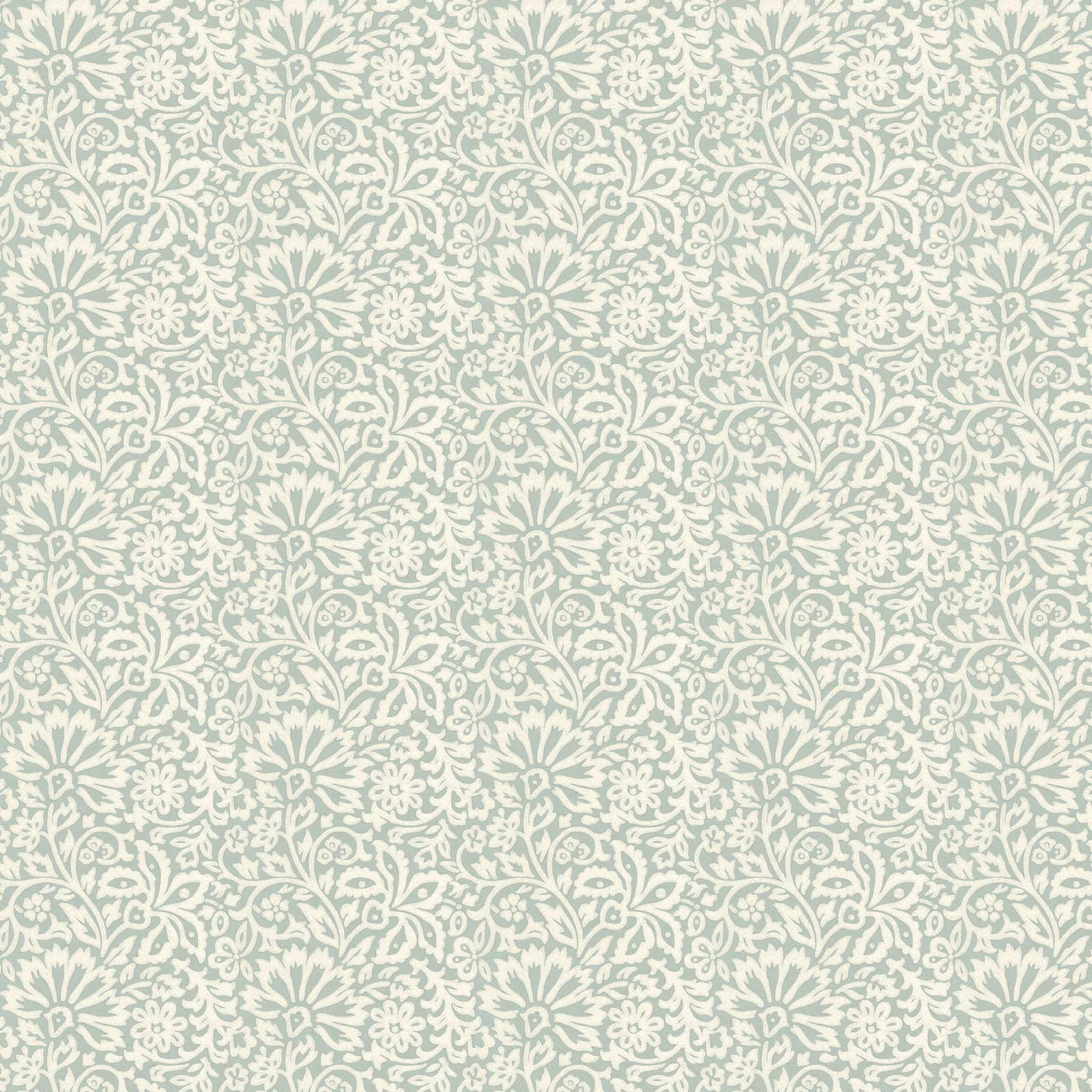 Pale aqua wallpaper with cream scrolling florals, leaves and small repeated flowers