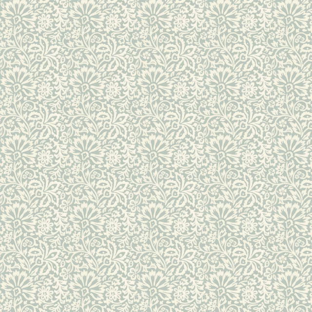 Pale aqua wallpaper with cream scrolling florals, leaves and small repeated flowers