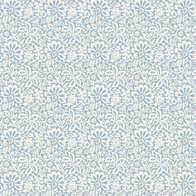 Powder-blue wallpaper with dense ivory flowers, curling leaves and scrolling vines