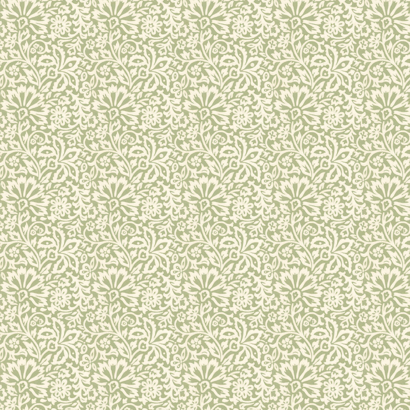 Dense cream floral scrollwork across a muted sage green botanical wallpaper