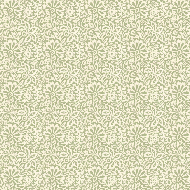 Dense cream floral scrollwork across a muted sage green botanical wallpaper