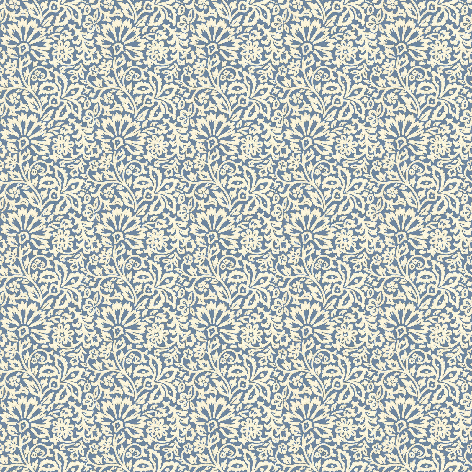 Dense cream floral vines and stylised blossoms on a muted indigo blue ground