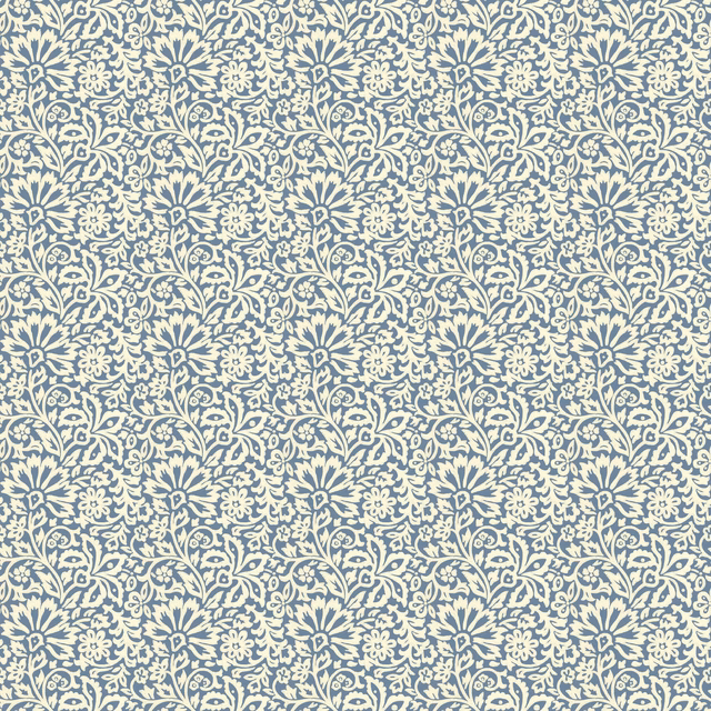 Dense cream floral vines and stylised blossoms on a muted indigo blue ground