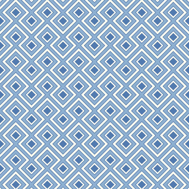 Cool powder-blue wallpaper with repeating white diamond lattice and blue geometric centres