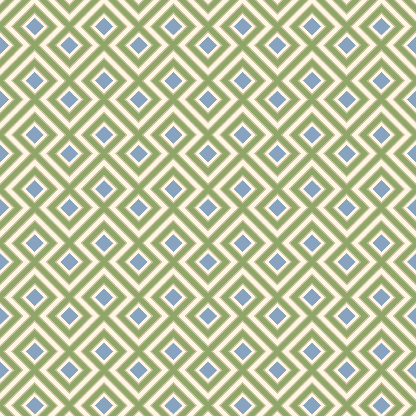 Emerald green diamond lattice wallpaper with blue centres on a cream ground