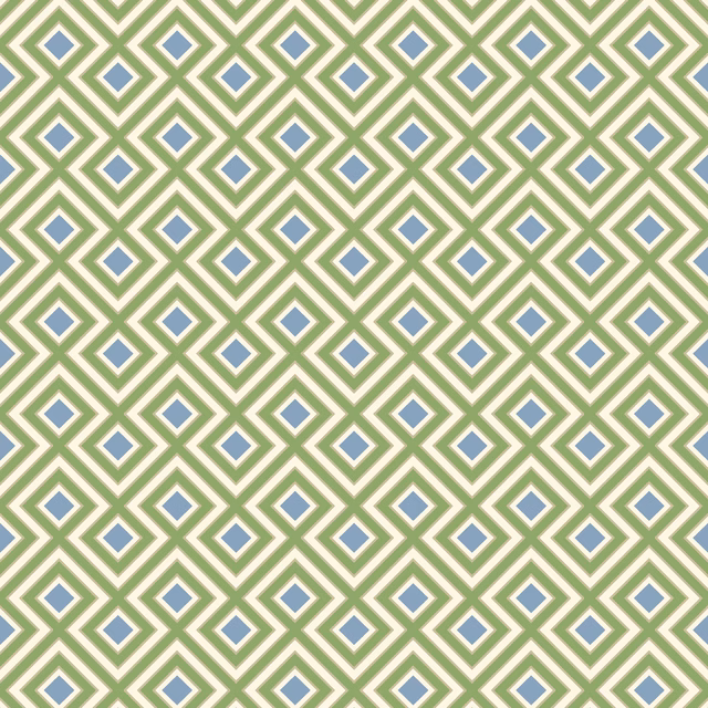 Emerald green diamond lattice wallpaper with blue centres on a cream ground