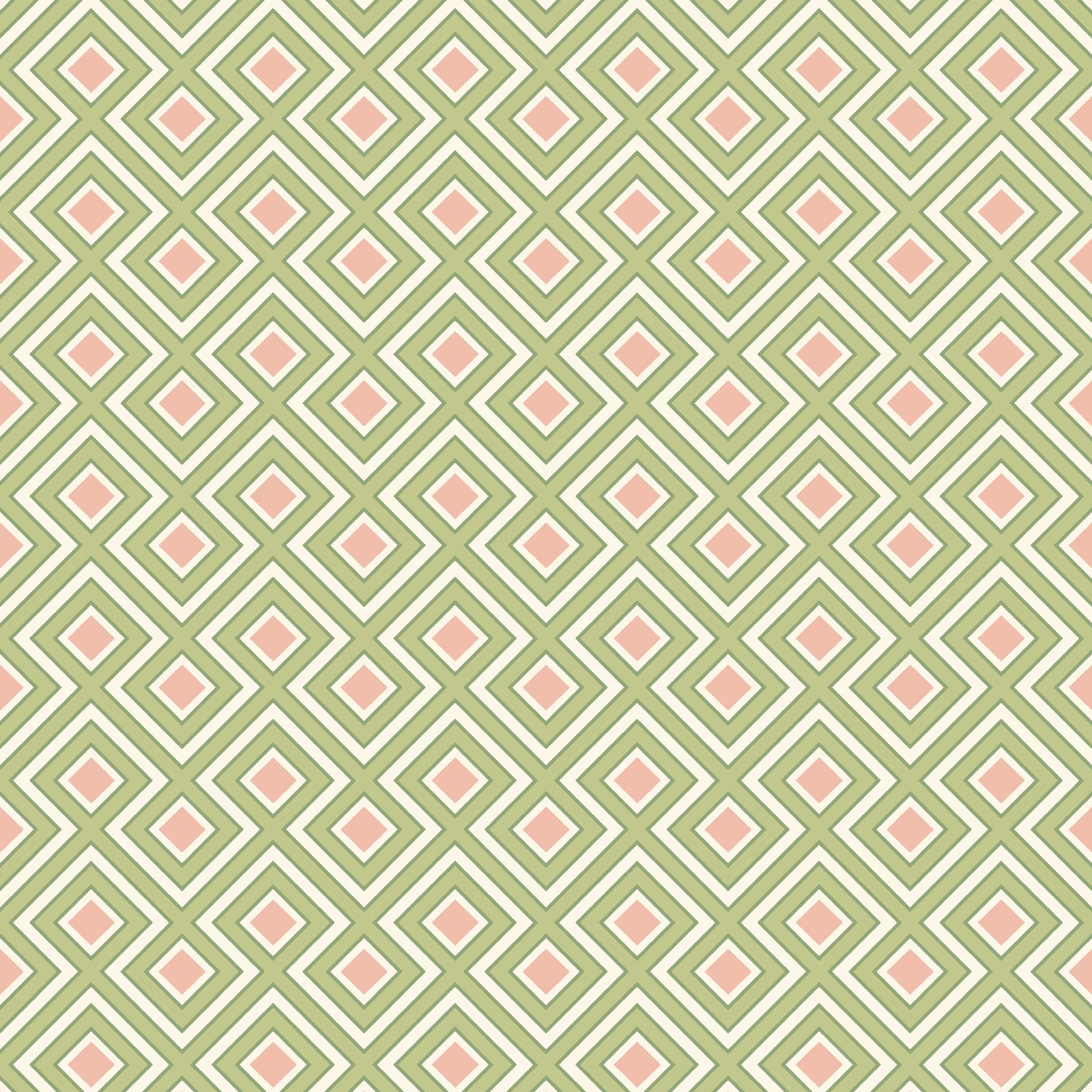 Small sage-green diamond lattice with cream outlines and blush-pink centres