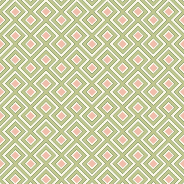 Small sage-green diamond lattice with cream outlines and blush-pink centres