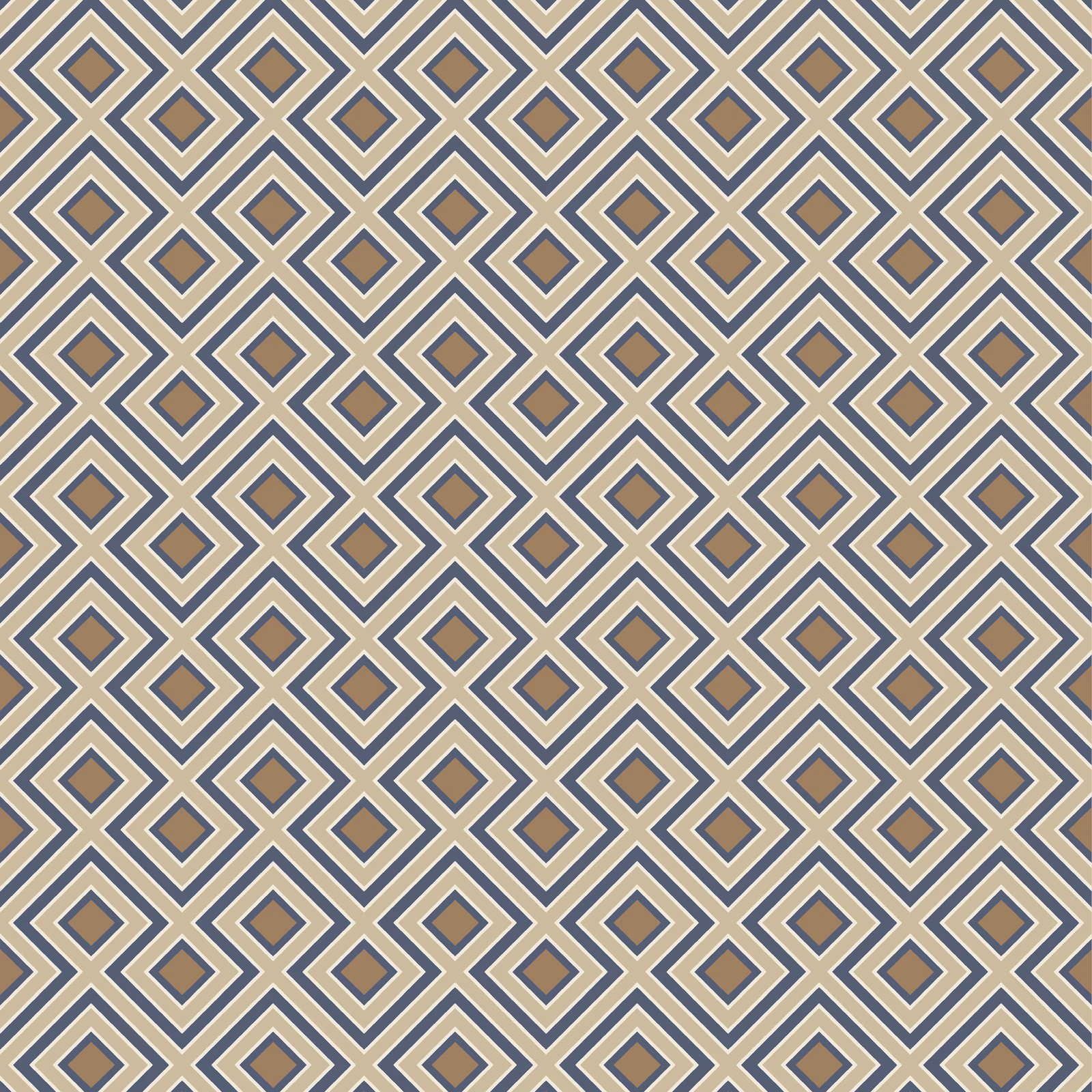 Muted indigo, taupe and cream interlocking diamond geometric wallpaper pattern