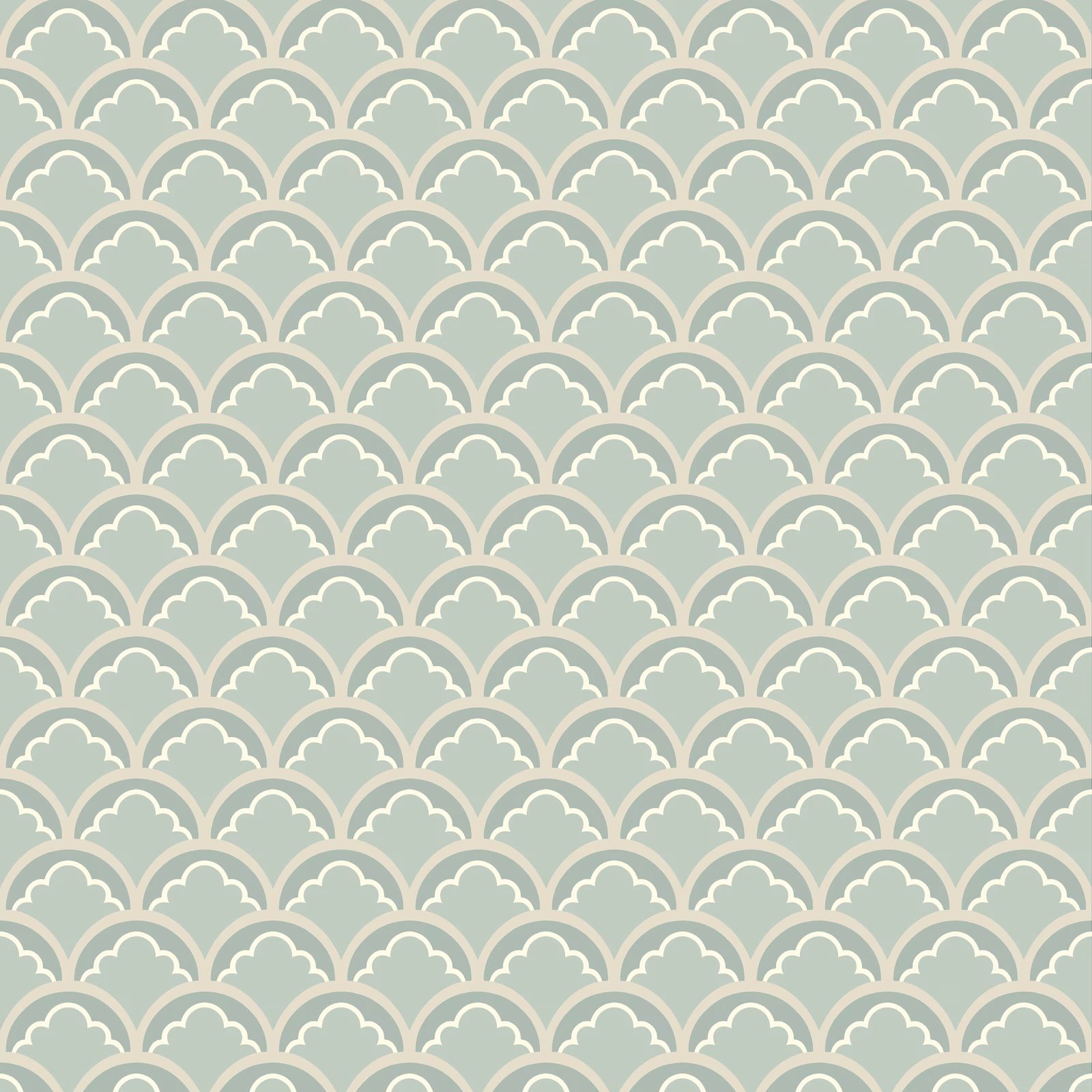 Muted aqua wallpaper with repeated ivory fan-shaped scallop arches