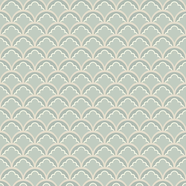 Muted aqua wallpaper with repeated ivory fan-shaped scallop arches