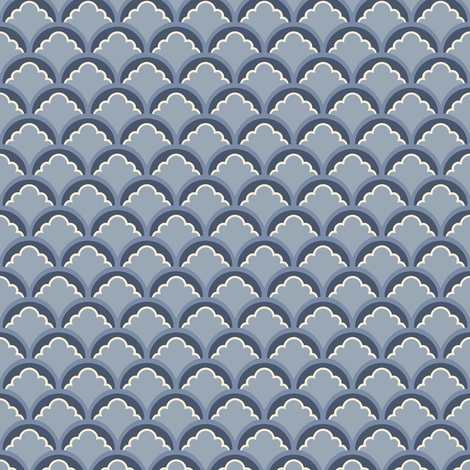 Cool blue-grey scallop arches with cream edging in a repeating wallpaper pattern