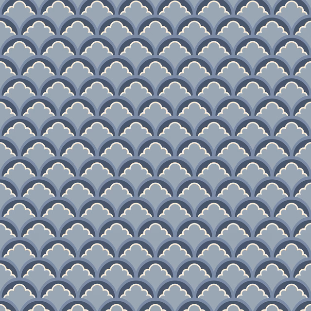 Cool blue-grey scallop arches with cream edging in a repeating wallpaper pattern