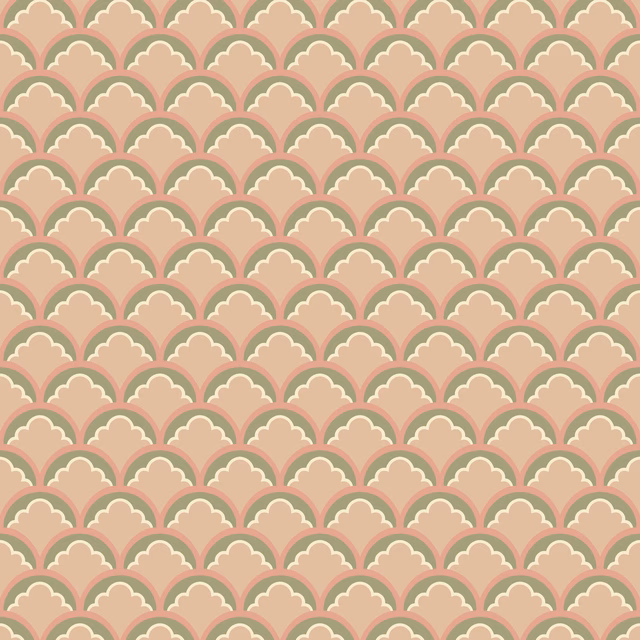Small scalloped arches in sage green and cream over a muted blush ground