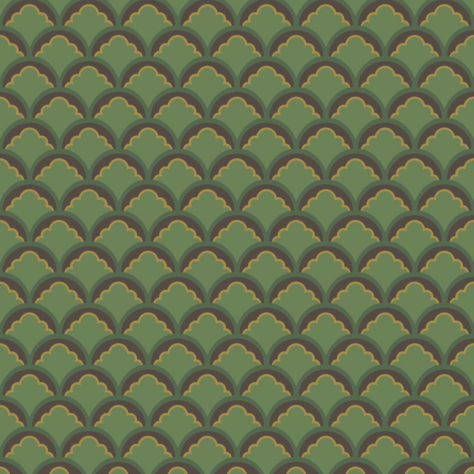 Small emerald wallpaper with repeating olive scalloped fans and ochre red-brown outlines