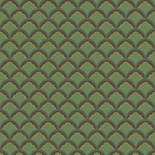 Small emerald wallpaper with repeating olive scalloped fans and ochre red-brown outlines