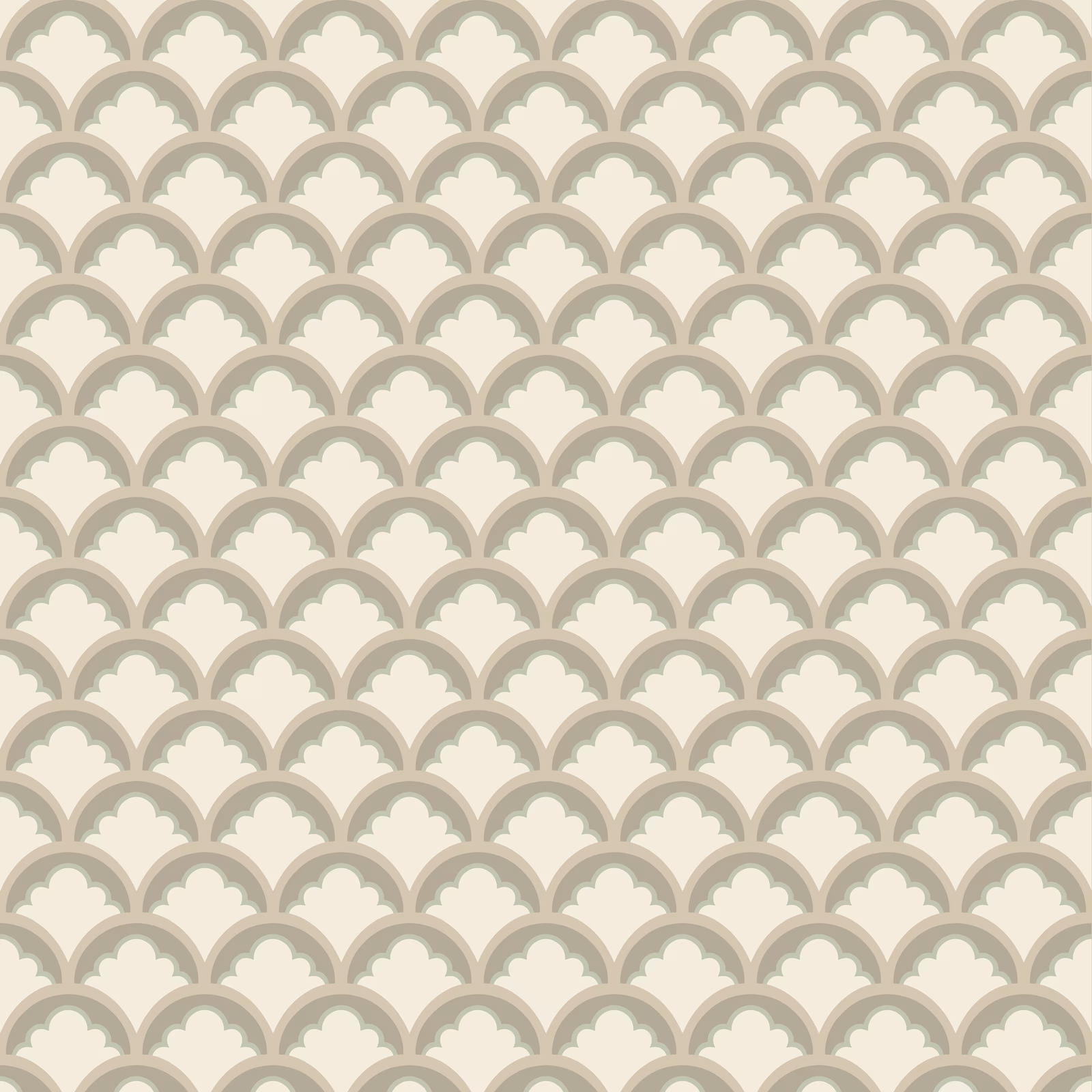 Small taupe and ivory scallop wallpaper with subtle grey-green tonal detail