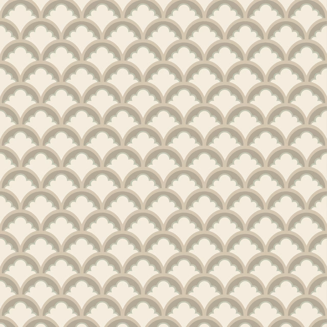 Small taupe and ivory scallop wallpaper with subtle grey-green tonal detail