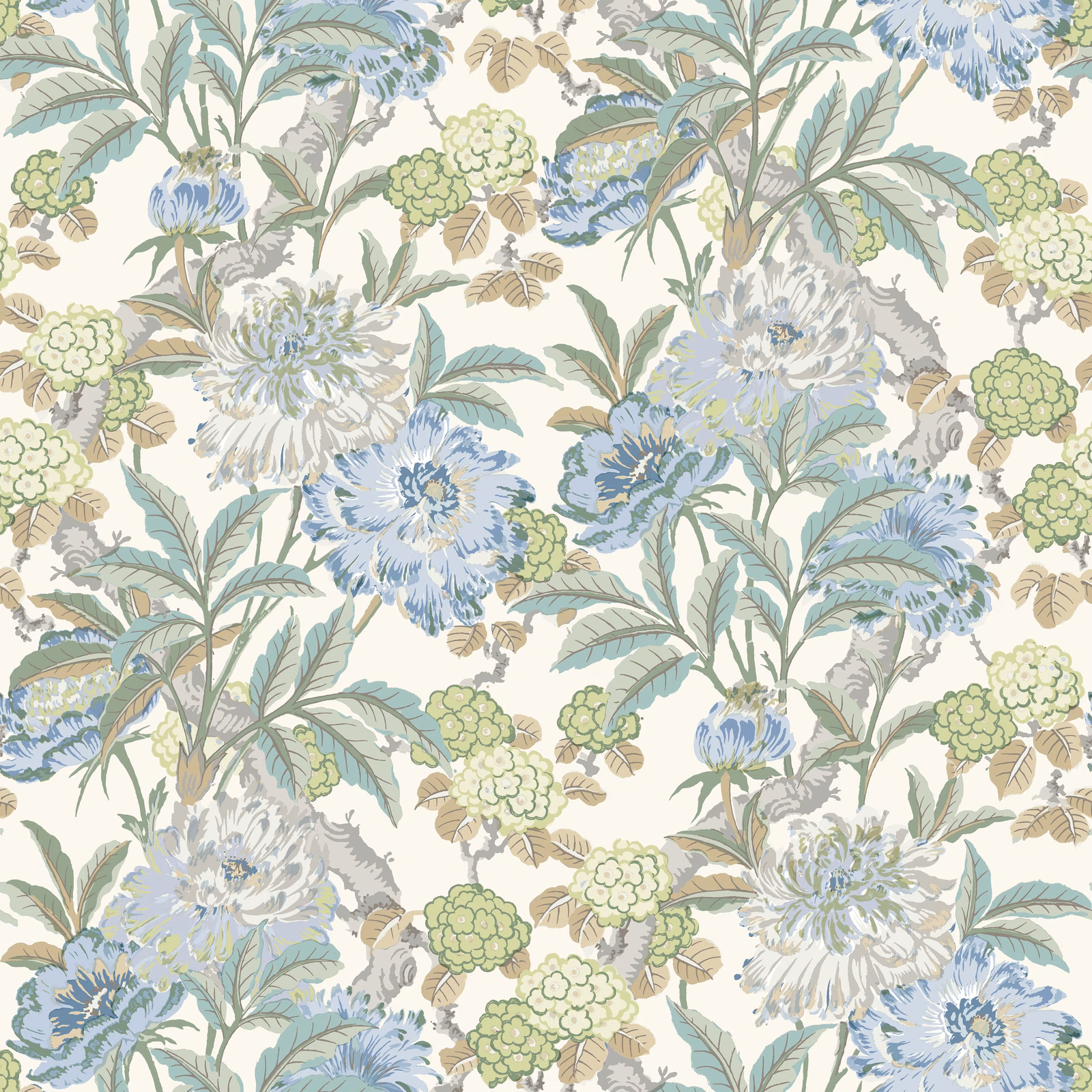 Aqua, sage and blue peony wallpaper with butterflies on an ivory ground