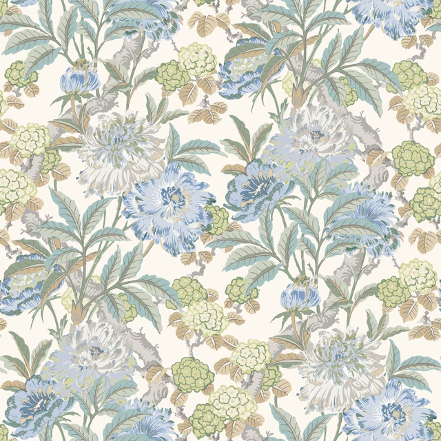 Aqua, sage and blue peony wallpaper with butterflies on an ivory ground
