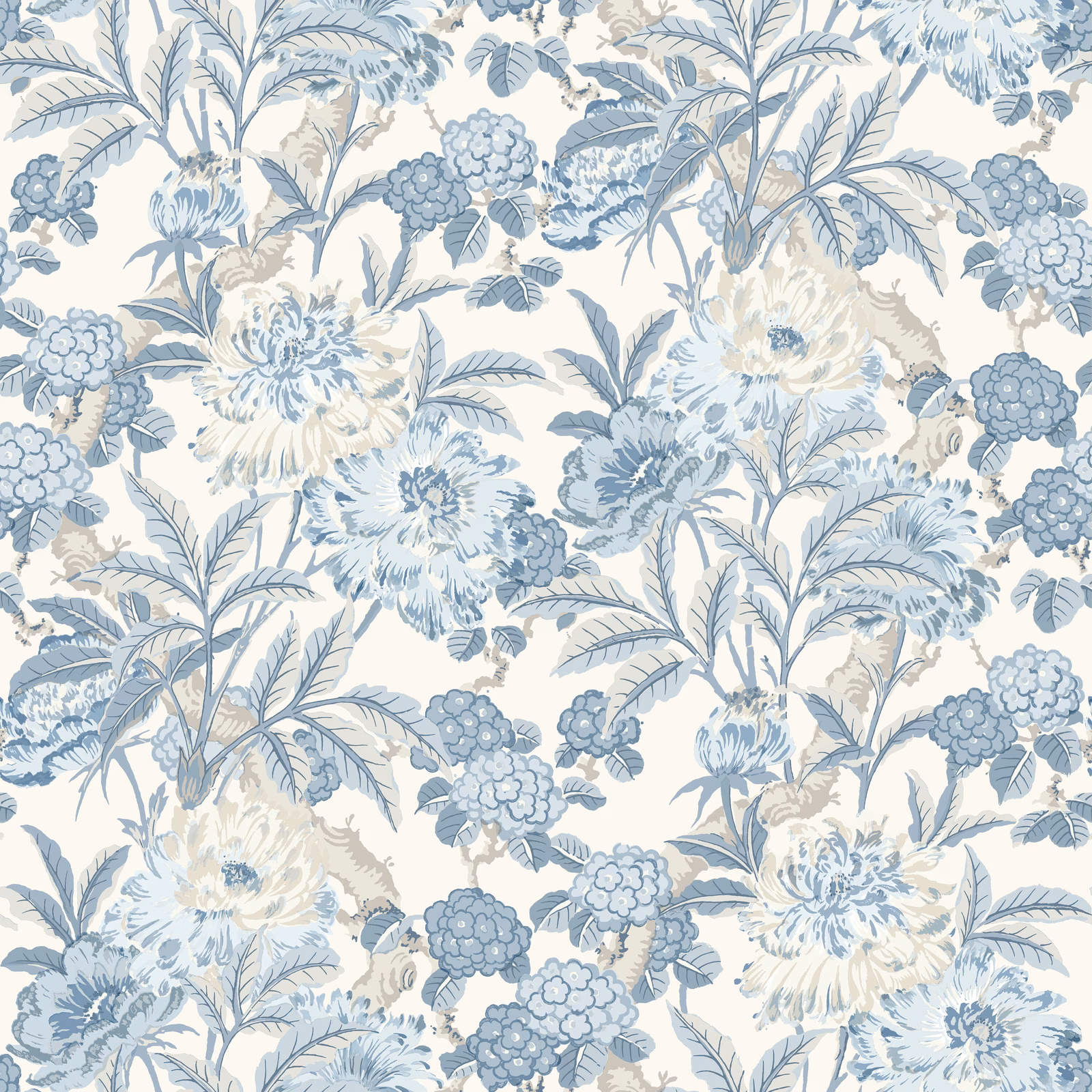 Powder-blue peonies and hydrangea clusters on a pale cream ground