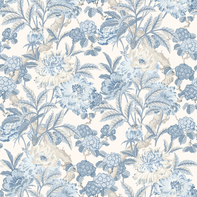 Powder-blue peonies and hydrangea clusters on a pale cream ground