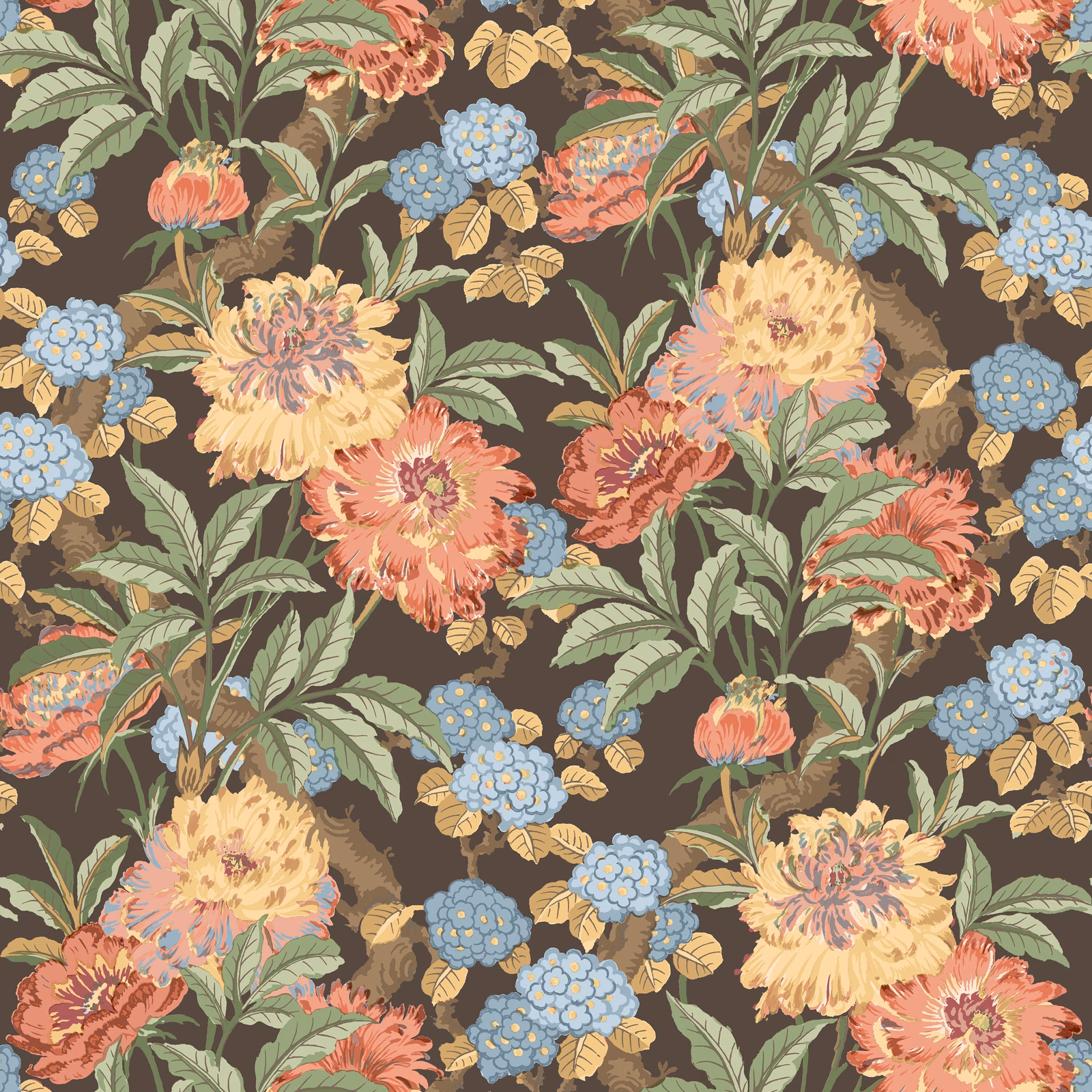 Charcoal wallpaper with coral peonies, blue flower clusters, cream blooms and sage leaves