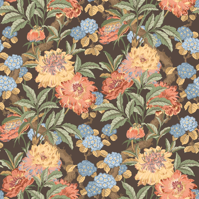 Charcoal wallpaper with coral peonies, blue flower clusters, cream blooms and sage leaves