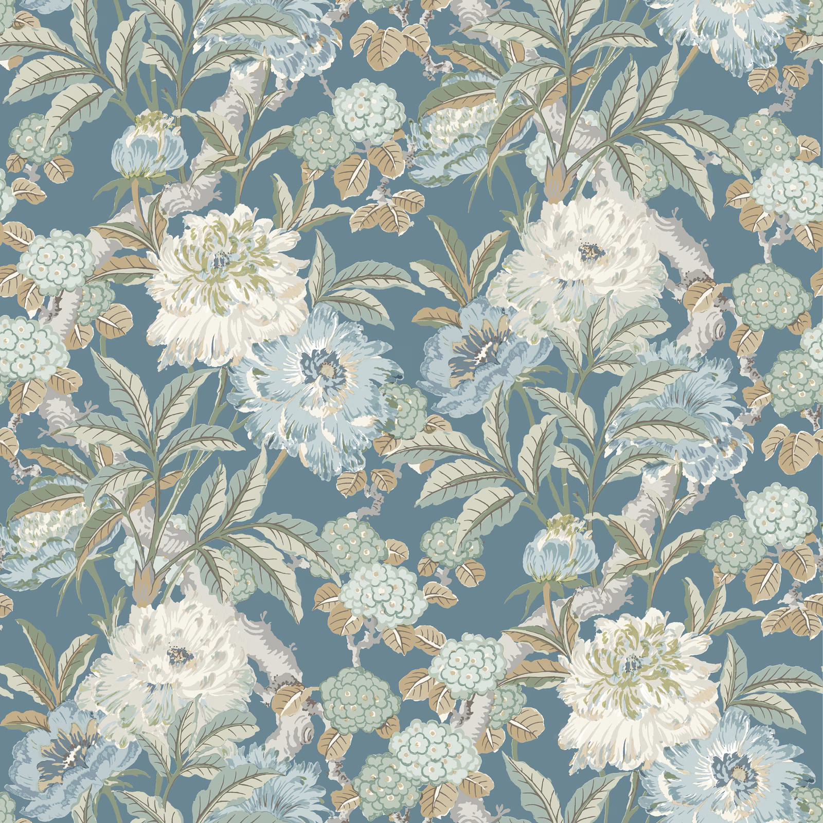 Denim-blue wallpaper with oversized pale peonies, leafy stems, and soft sage foliage