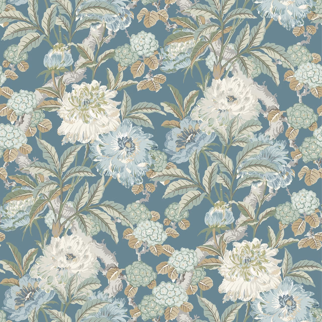 Denim-blue wallpaper with oversized pale peonies, leafy stems, and soft sage foliage