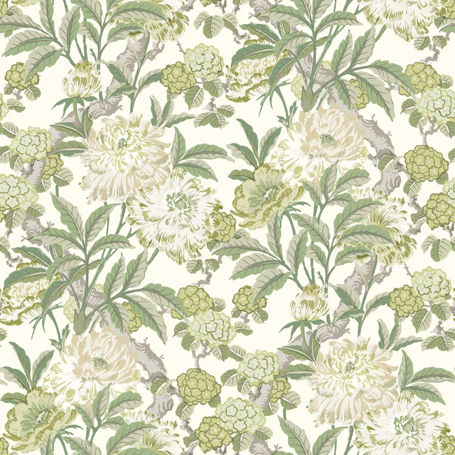 Cream ground with sage peony blooms, leafy stems and clustered green flowerheads