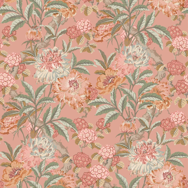 Dusty rose-pink wallpaper with oversized peonies, leafy branches and painterly floral detail