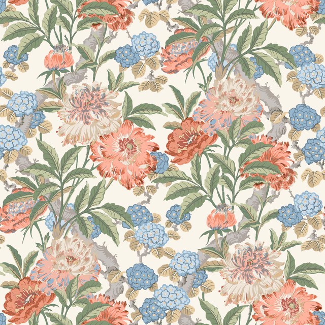 Cream wallpaper with coral peonies, blue flower clusters, and sweeping green leaves